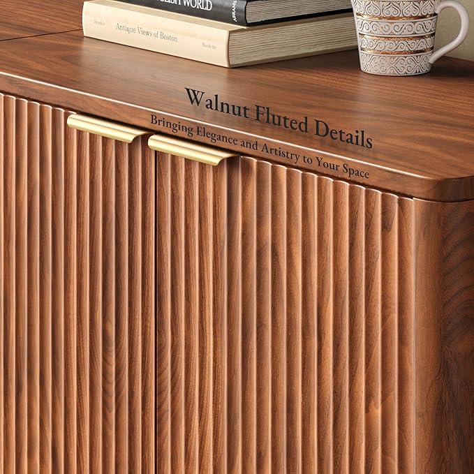 Evermagin 63" Walnut Buffet Cabinet with Storage, Large Sideboard Cabinet, Mid Century Modern Accent Credenza, Fluted Console Table with Doors for Dining Room, Kitchen, and Living Room