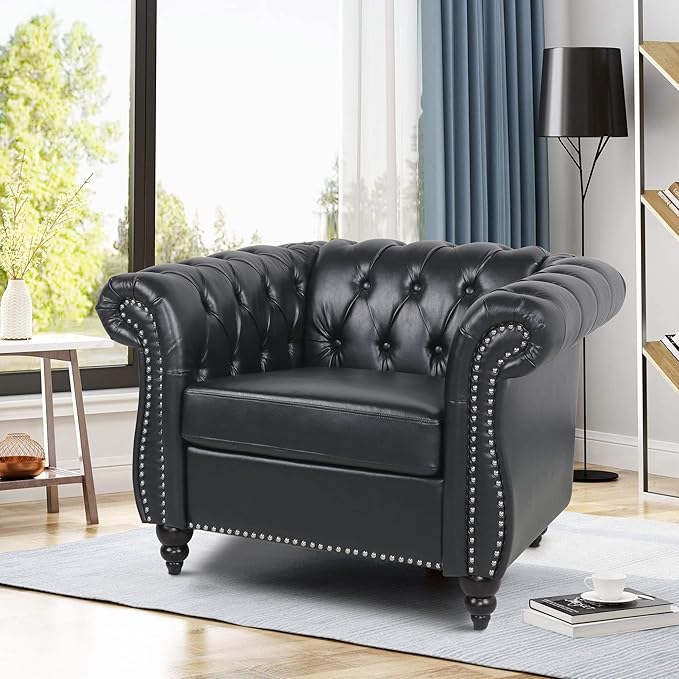 LEVNARY Leather Upholstered Armchair, Mid-Century Modern Single Sofa Chair with Rolled Arms and Nailhead, Tufted Pu Leather Chesterfield Chair for Home Bedroom Reading Room (Black)