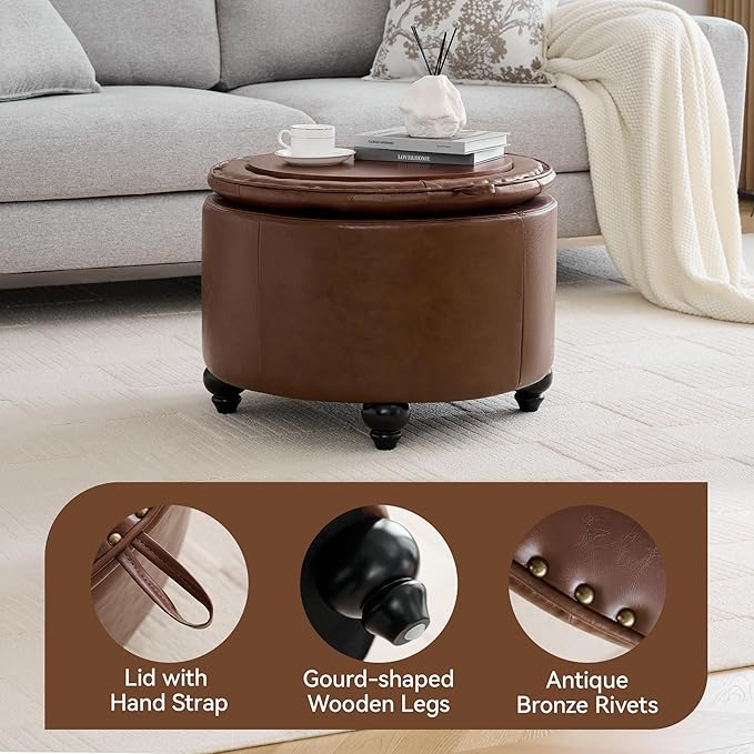 24Inch Round Storage Ottoman with Tray, Modern Tufted Leather Circle Coffee Table with Storage, Upholstered Ottoman with Removable Top for Living Room, Bedroom, Leather Coffee