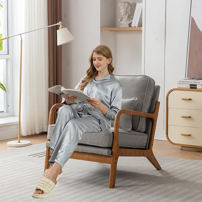 Mid-Century Accent Chair,Linen Fabric Lounge Chair with Wide Armrest,Linen Fabric Armchair withLumbar Pillow & Solid Wood Frame for Living Room, Bedroom, Balcony(Light Gray)