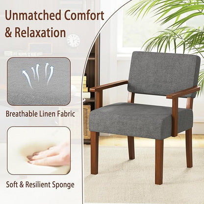 KOMFOTT Upholstered Accent Chair, Mid-Century Modern Armchair with Rubber Wood Frame, Linen Fabric Living Room Chair with Padded Seat & Backrest, Comfy Reading Chair for Bedroom, Waiting Room, Grey