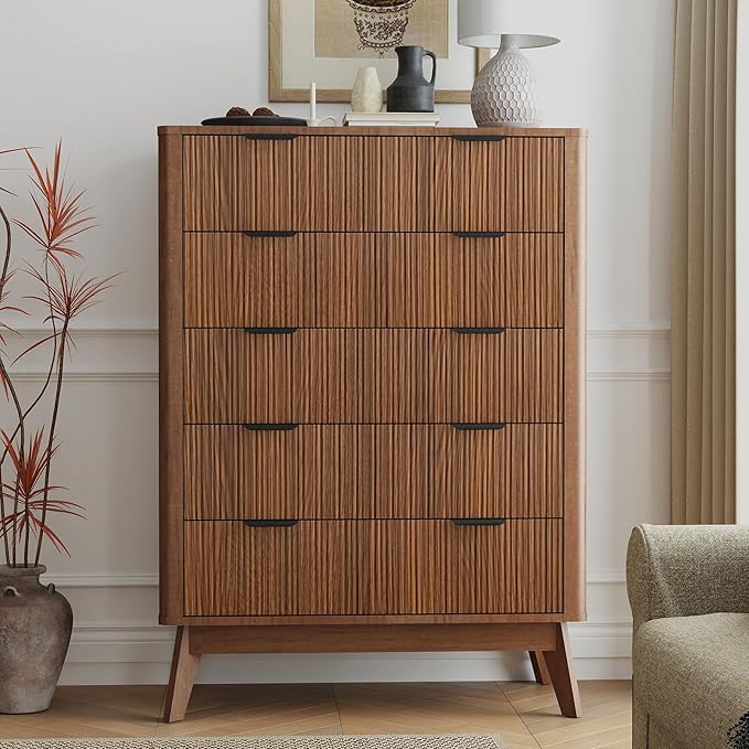 SUNWAVE Fluted 5 Drawer Dresser for Bedroom, 43.3" Tall Dressers with Round Corner, Mid-Century Modern Wood Chest for Living Room, Entry