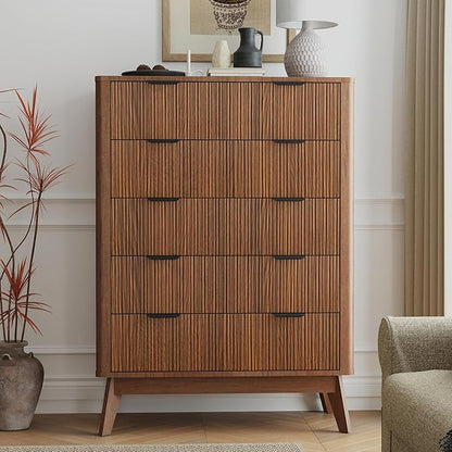 SUNWAVE Fluted 5 Drawer Dresser for Bedroom, 43.3" Tall Dressers with Round Corner, Mid-Century Modern Wood Chest for Living Room, Entry