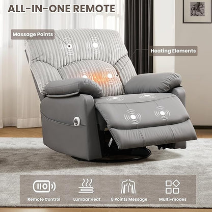 Power Swivel Rocker Recliner Chair with Massage and Heat for Adults, Electric Infinite Position Recliner with USB Charging Port, Corduroy and PU Leather Mixed Fabric, Easy Assembly (Grey)