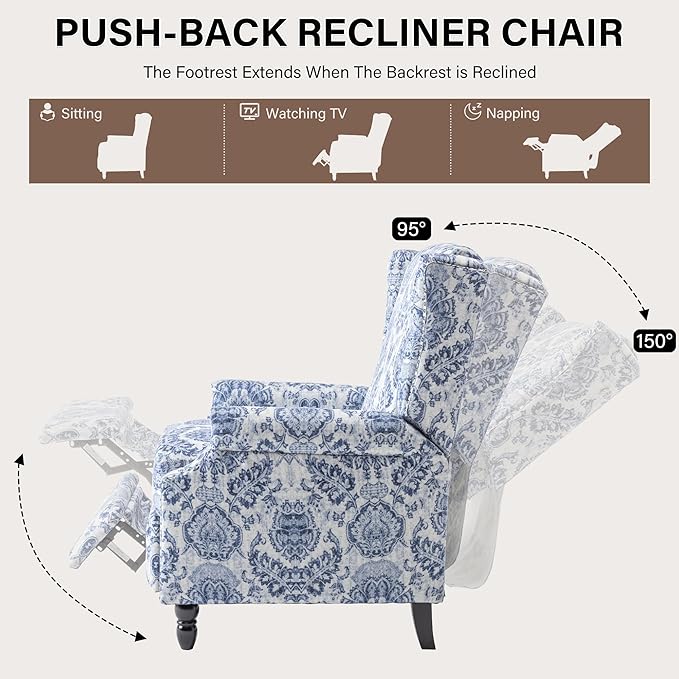 UIXE Pushback Floral Recliner Chair, Fabric Upholstered Armchair Push Back Accent Chair for Living Room, Rivet Trim Club Chair Home Theater Single Sofa Bedroom Reading Seat - Navy