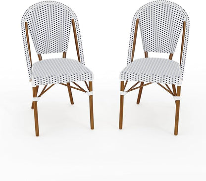 Martha Stewart Lily Pond Indoor-Outdoor Stackable Bistro Chairs with Natural Woodgrain Aluminum Frame Finish, White/Navy Woven Rattan Backrests/Seats, Set of 2