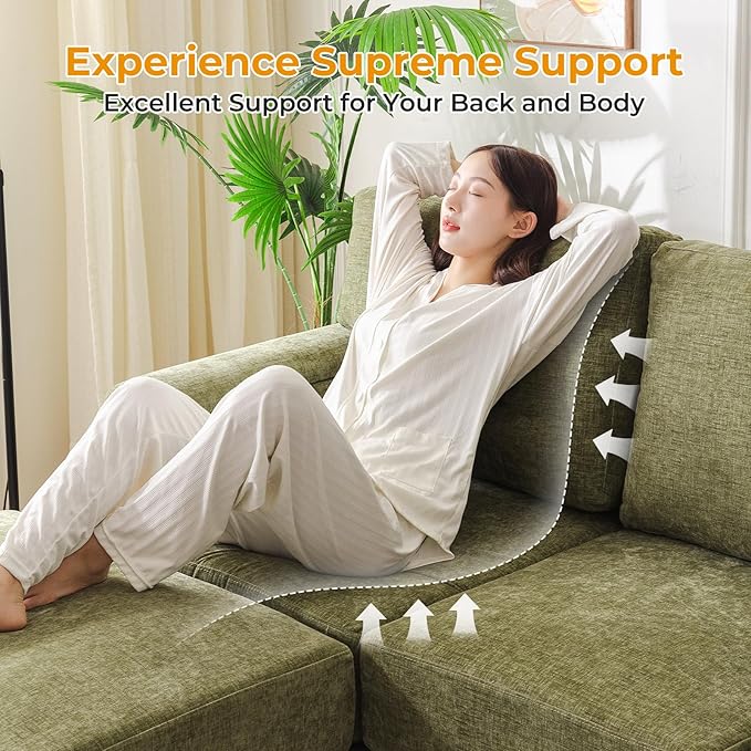85'' L Shaped Couch with Armrest Organizer,3 Seats Sofas with Storage Ottoman,Comfy Sectional Sofa with Thick Cushion,Chenille Sectional Couches for Living Room,Bedroom,Apartment,Green