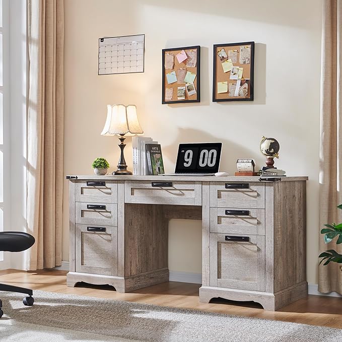 RedLemon 60" Farmhouse Executive Desk with Drawers, Wood Home Office Desk w/Charging Station, Keyboard Tray, File Drawer, Storage Cabinet, Rustic Computer Writing Desk (Light Rustic Oak)