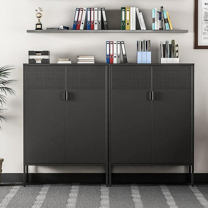 Black Metal Storage Cabinet, Metal Locker Storage Cabinet with Doors and Shelves, 3 Tier Steel Office Storage Cabinet, Metal Sideboard for Home, Office, Kitchen and Coffee Bar