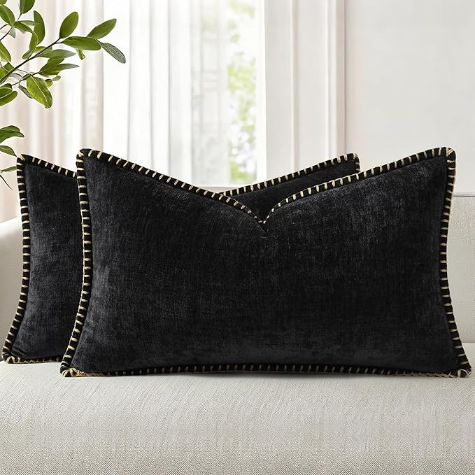 decorUhome Chenille Soft Throw Pillow Covers 12x20 Set of 2, Lumbar Velvet Farmhouse Neutral Decorative Euro Pillow Covers with Stitched Edge for Couch Sofa Bed Home Decor, Black
