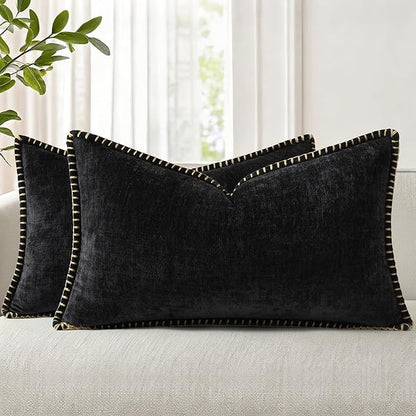 decorUhome Chenille Soft Throw Pillow Covers 12x20 Set of 2, Lumbar Velvet Farmhouse Neutral Decorative Euro Pillow Covers with Stitched Edge for Couch Sofa Bed Home Decor, Black