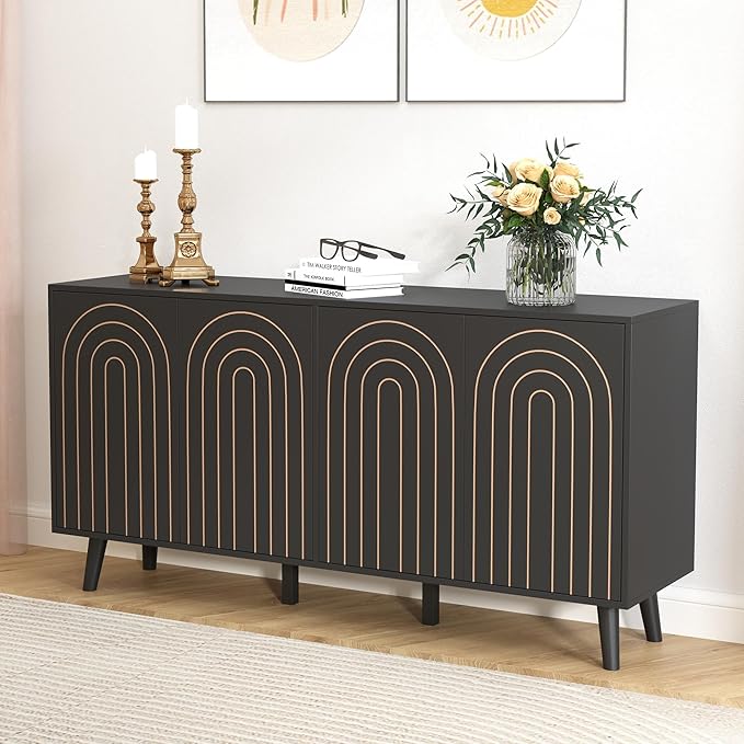 59" Buffet Cabinet with Storage, Modern Accent Sideboard Storage Cabinet with 4 Doors & Carving Lines, Wooden Coffee Bar Table Console for Living Room Kitchen Office and Hallway (Black)