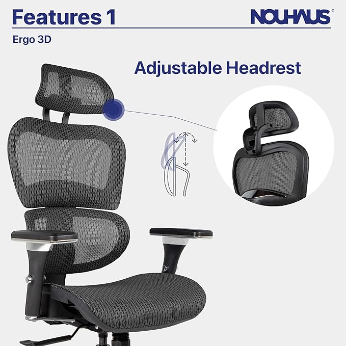 Nouhaus Ergo3D Ergonomic Office Chair Lumbar Support Mesh Office Chair with 4D Adjustable Armrest, Adjustable Headrest and Wheels, Mesh High Back Home Office Desk Chairs(Black)