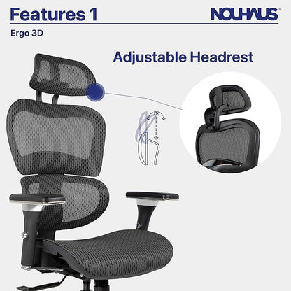 Nouhaus Ergo3D Ergonomic Office Chair Lumbar Support Mesh Office Chair with 4D Adjustable Armrest, Adjustable Headrest and Wheels, Mesh High Back Home Office Desk Chairs(Black)