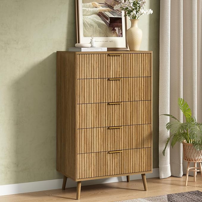 CARPETNAL Fluted 5 Drawers Dresser for Bedroom, 45" Tall Wooden Chest of Drawers with Rounded Corners, Gold Handles, Modern Storage Organizer for Bedroom, Hallway (Walnut)