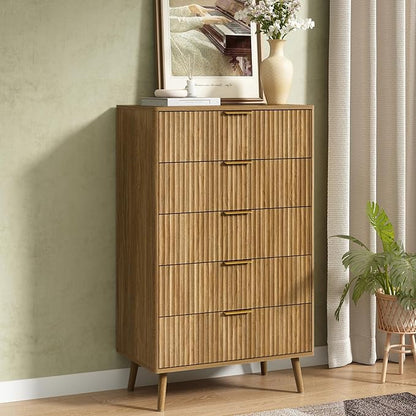 CARPETNAL Fluted 5 Drawers Dresser for Bedroom, 45" Tall Wooden Chest of Drawers with Rounded Corners, Gold Handles, Modern Storage Organizer for Bedroom, Hallway (Walnut)