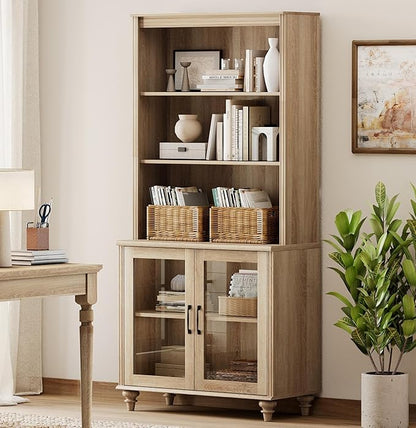 WAMPAT 5 Tier Bookshelf 72" Tall Bookcase with Glass Doors,Large Farmhouse Display Book Shelf with Adjustable Shelves and Storage Cabinet，Library Wood Bookshelves for Living Room,Kitchen, Oak