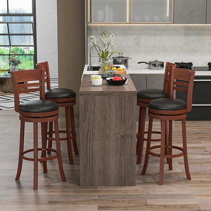 COSTWAY Bar Stools, 360-Degree Swivel Bar Chairs with PU Upholstered Seats, Solid Rubber Wood Backrests, Footrests & Legs, Bar Height Stools with Backs for Kitchen, Bar, Brown (4)