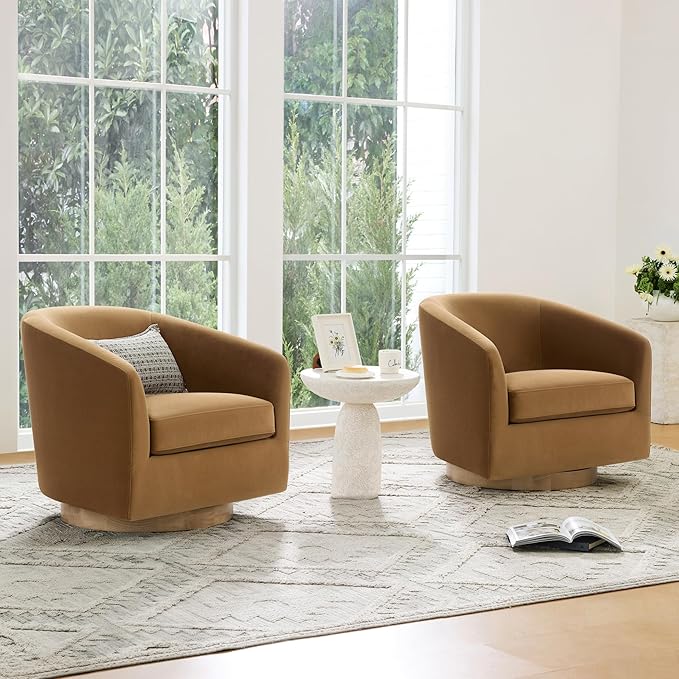 CHITA Swivel Accent Chair Set of 2, FSC Certified Upholstered Velvet Barrel Chair for Living Room, Fully Assembled, Sand