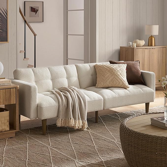 mopio 76.4" Futon Sofa Bed, Couch, Loveseat, Sleeper Sofa, Mid Century Modern Futon Couch, Sofa Cama, Couches for Living Room (Aaron, Pearl White Boucle)