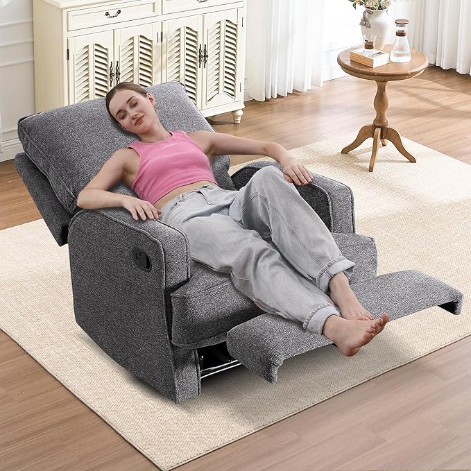 INZOY Manual Recliner with Thicker Backrest, Soft Fabric Manual Recliner with Overstuffed Cushion, Heavy Duty Reclining Sofa for Living Room Bedroom Apartment, Grey