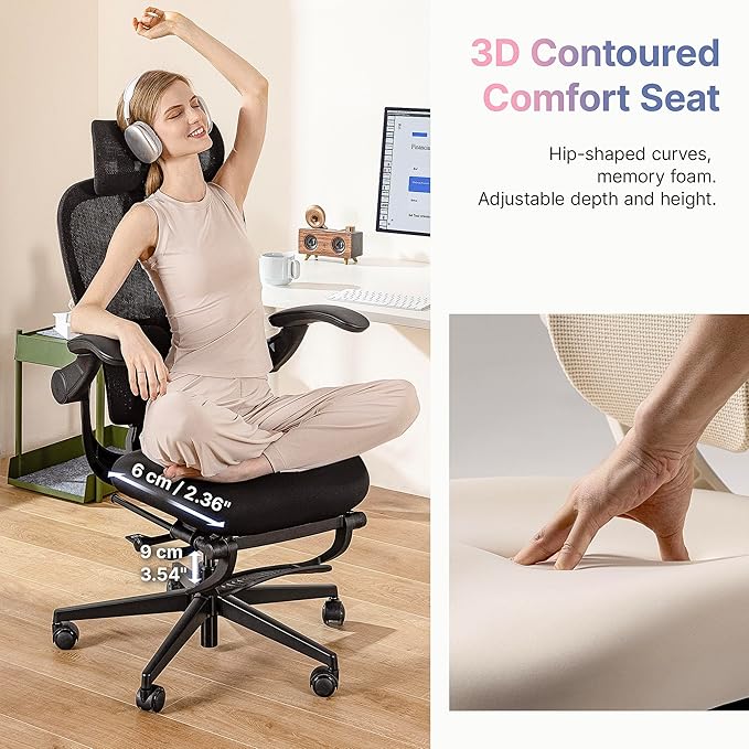 HINOMI Q2 Ergonomic Office Chair with Lumbar Support & Adjustable Headrest, Cushion Seat with Flip-Up Arms, Reclining Computer Seating with Footrest, Stylish Desk Model for Home (Black)