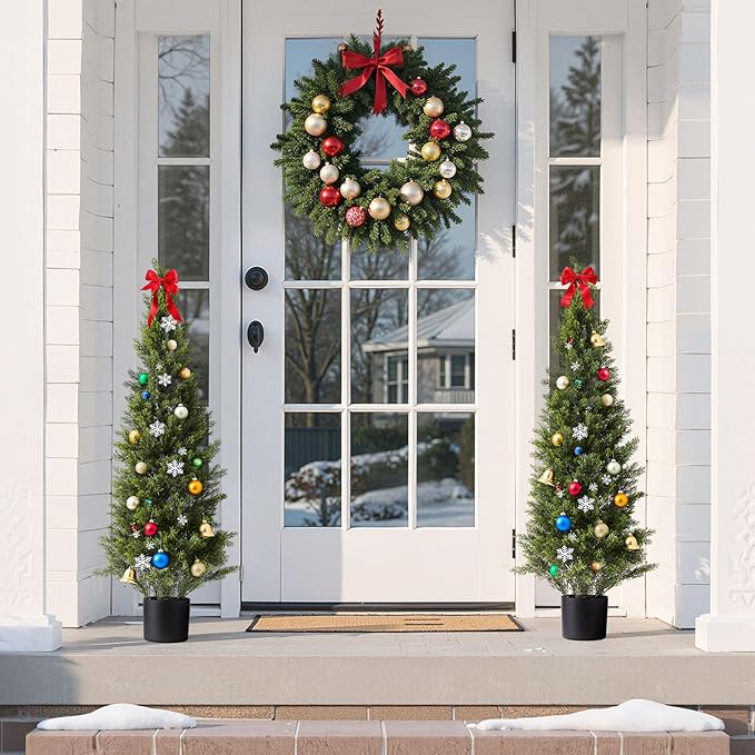 VEVOR Artificial Cedar Topiary Trees, 48 inch 2 Set Faux Pine Shrubs Plants, Fake Silk Tree Look Real, Easy Assembly for Decor Front Porch Outdoor Patio Garden Balcony Backyard Indoor Office