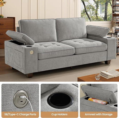 84" Loveseat Couch for Living Room,Modern Chenille Upholstered Sofa with Adjustable Storage Armrest,Cup Holders,USB & Type-C Ports,Solid Wood 2-Seater Loveseat Sofa for Apartment(Gray)