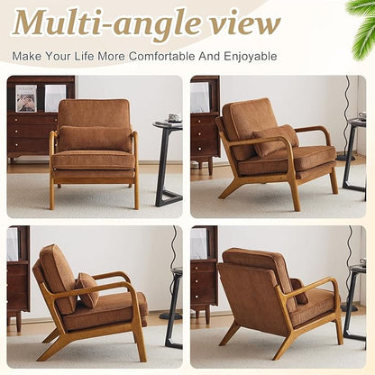 VINGLI Upgraded Premium Corduroy Accent Chair,Upholstered Arm Chair,Solid Wood Comfy Reading Chair with Pillow, Mid Century Modern Chairs for Living Room,Bedroom,Brown