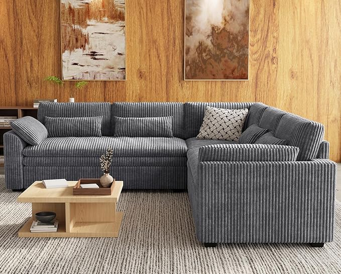 Belffin Large Modular Sectional Sofa with Double 61" Loveseat, Corduroy Corner Couch with 9" Soft Dual-Layer Seats Cushion for Living Room, Apartment, Small Sapce, Light Grey