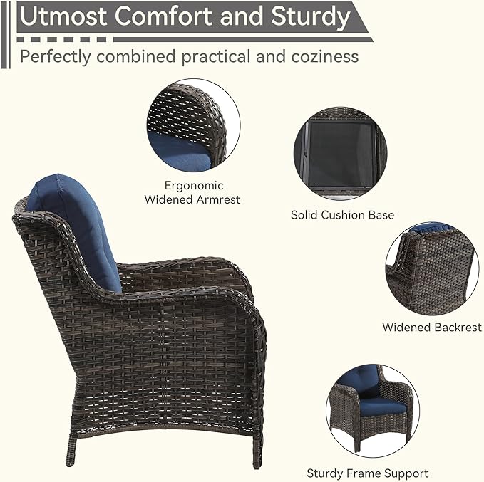 Patio Conversation Set 5-PCS Wicker Outdoor Furniture Conversation Set with 3-Seat Sofa, 2 Armchair, 2 Ottoman Patio Rattan Wicker Sectional Sofa Set with Olefin Cushion, Blue