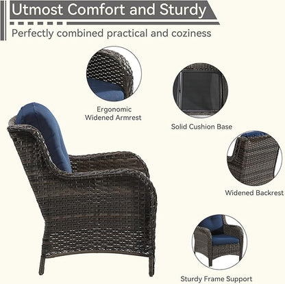 Patio Conversation Set 5-PCS Wicker Outdoor Furniture Conversation Set with 3-Seat Sofa, 2 Armchair, 2 Ottoman Patio Rattan Wicker Sectional Sofa Set with Olefin Cushion, Blue
