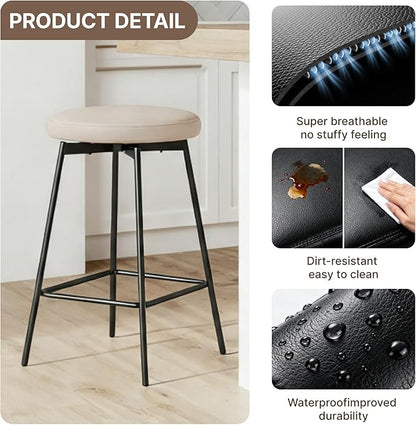 Swivel Bar Stools Set of 6, 24" Counter Height Bar Stool, Backless Barstools with Faux Leather Upholstered Seat&Sturdy Wood Legs for Kitchen Island, Beige