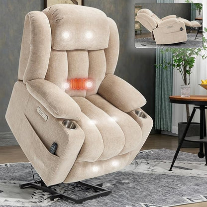Power Lift Recliner Chair, 350lb Capacity with 8-Point Massage & Heating, USB/Type-C Ports & Cup Holders, Heavy Duty Chenille Recliner for Elderly, Beige
