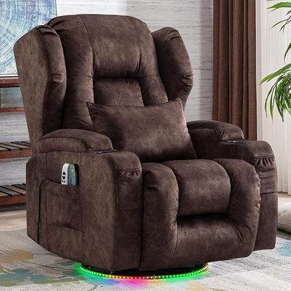 Power Swivel Rocker Recliner Chairs, Electric Wall Hugger Reclining Sofa with Massage & Heat, Comfy Theater Seating Single Sofa with LED Light/USB/Type-C Ports (Velvet Brown, Single Chair)