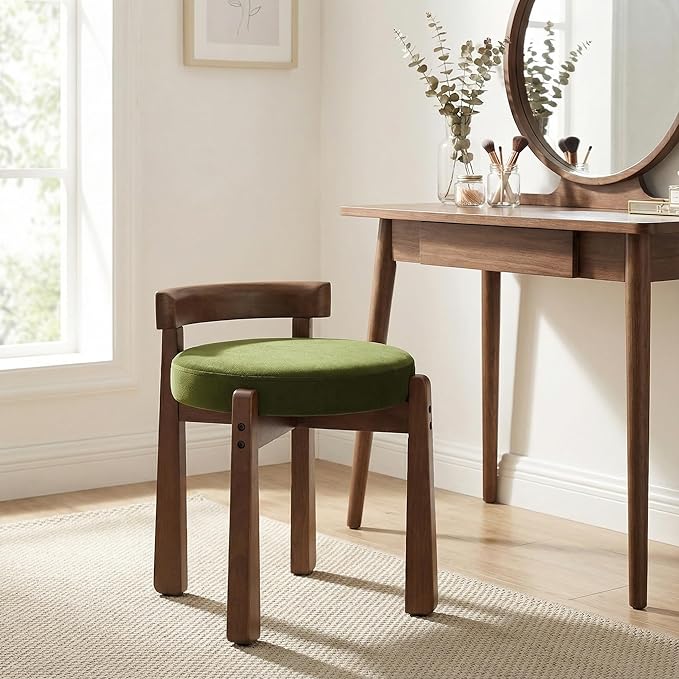 HNY Vintage Green Velvet Makeup Ottoman Set of 2 Compact Round Vanity Chairs with Wooden Legs, Perfect for Small Spaces Like Entryway, Cloakroom & Boudoir