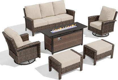 HERA’S HOUSE Wicker Patio Furniture Set, High Back Swivel Chairs with 5.5-Inch Thick Cushions, 6-Piece Outdoor Deep Seating Conversation Sets with Fire Pit Table & Ottomans for Deck Yard Garden, Beige