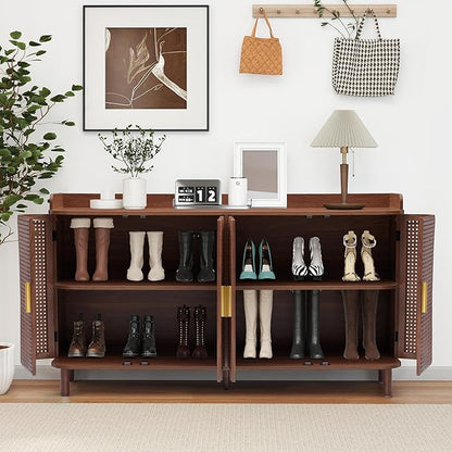 4 Doors Storage Cabinet, 2 Tier Wooden Storage Organizer Cabinet with Adjustable Shelf, Sideboard Buffet Cabinets with Iron Curved Doors Accent Shoe Rack for Entryway Hallway Living Room (Walnut)