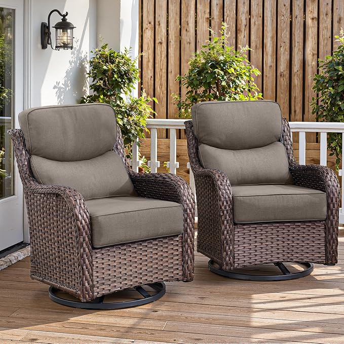 Belord Luxury 6" Thick Cushioned Outdoor Swivel Rocker Patio Chairs of 2, High Back Wicker Patio Furniture Set with Ergonomic Zone Back, Conversation Glider Set for Deck Porch - Brown+Grey