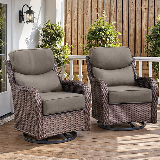 Belord Luxury 6" Thick Cushioned Outdoor Swivel Rocker Patio Chairs of 2, High Back Wicker Patio Furniture Set with Ergonomic Zone Back, Conversation Glider Set for Deck Porch - Brown+Grey