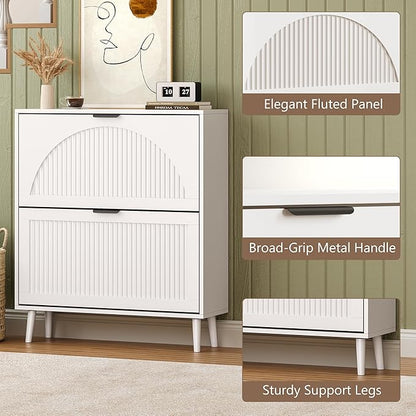 Shoe Cabinet for Entryway with 2 Flip Drawers, Slim Wooden Shoe Storage Organizer with Modern Fluted Pannel，Freestanding Narrow Hidden Shoe Rack for Hallway, Foyer, Living Room