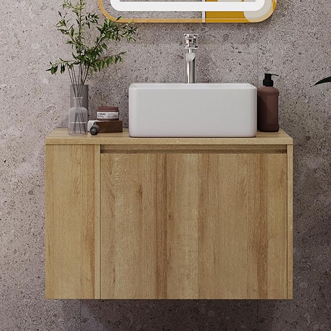 30 Inch Floating Bathroom Vanity with Sink – Wall-Mounted Vanity with Hidden Drawer, Natural Wood Finish, Modern Vessel Sink Vanity for Bathroom(Nature with Sink, 30")