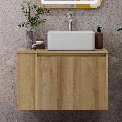 30 Inch Floating Bathroom Vanity with Sink – Wall-Mounted Vanity with Hidden Drawer, Natural Wood Finish, Modern Vessel Sink Vanity for Bathroom(Nature with Sink, 30")