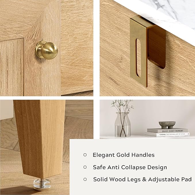 Small Bathroom Floor Cabinet with 3 Drawers Toilet Cabinet with Sliding Door Farmhouse Side Storage Organizer Cabinets with Faux Marble Top for Kitchen, Living Room， Natural Oak