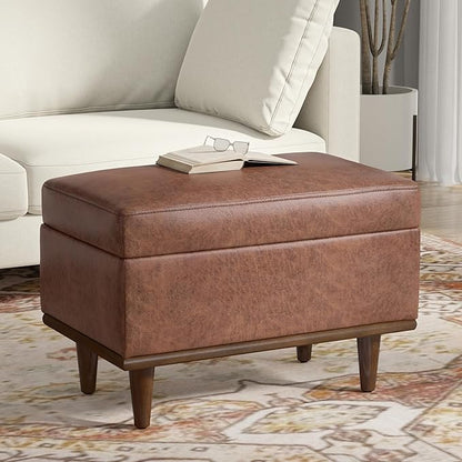 SIMPLIHOME Shiloh 26 inch Wide Transitional Contemporary Small Storage Ottoman in Distressed Saddle Brown Vegan Faux Leather, Assembled, for The Living Room, Entryway and Family Room