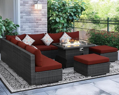 NICESOUL Backyard Furniture Set with Firepits Natural Gas/Propane, 9 Seater XL Oversized Wicker Sectional Couches, 29.3'' High Back Comfy Deep Wide Outdoor Patio Sofa Set, 2 Color Cushion Red & Gray
