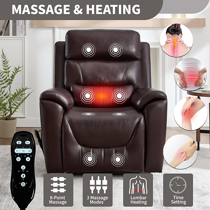 PELUMY Power Lift Recliner Chair for Elderly with Massage and Heat, Dual Motor Heavy Duty 350lbs Recliner, 8-Point Vibration & Lumbar Heating, Electric Lift Chair (Breathable Leather, Dark Brown)