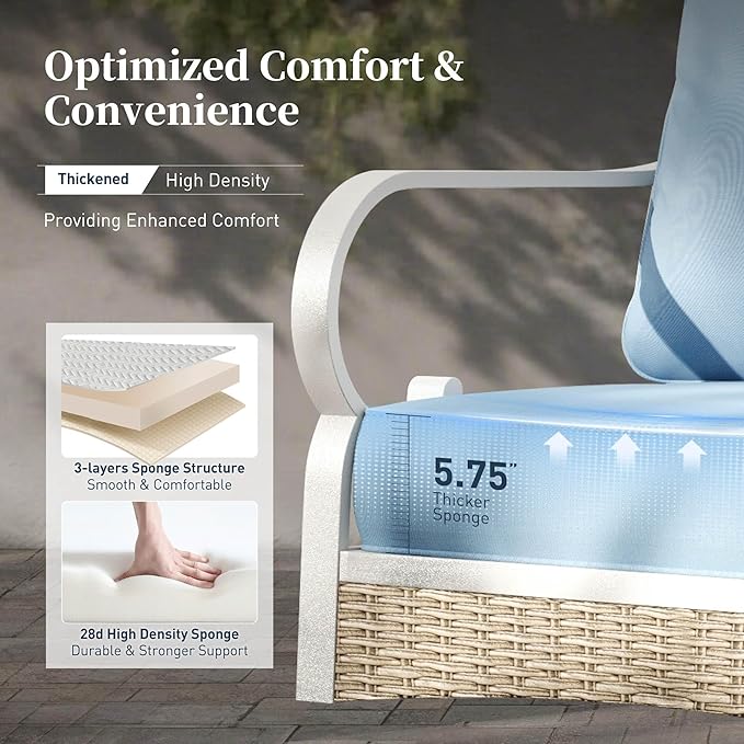 6 Piece Metal Outdoor Patio Furniture Set, Patio Conversations Sets 3-Seater Sofa, 2-Seater Sofa, 2 Swivel Chair with 5.75" Thick Cushion & Coffee Table White Backyard Furniture, Blue