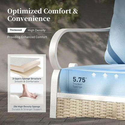 6 Piece Metal Outdoor Patio Furniture Set, Patio Conversations Sets 3-Seater Sofa, 2-Seater Sofa, 2 Swivel Chair with 5.75" Thick Cushion & Coffee Table White Backyard Furniture, Blue