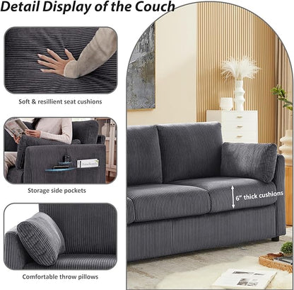 3 Seater Couches for Living Room, 79" Modern Corduroy Sofa with 2 Pillows and Storage Pockets, Small Couches for Apartment, Small Spaces, Home Office, Grey